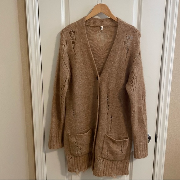 R13 Distressed Mohair Wool Blend Oversized Cardigan In Camel Tan Size XS - Picture 3 of 15